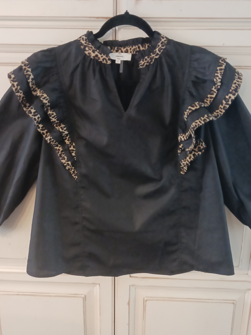 entro Black Ruffle Blouse with Leopard Trim